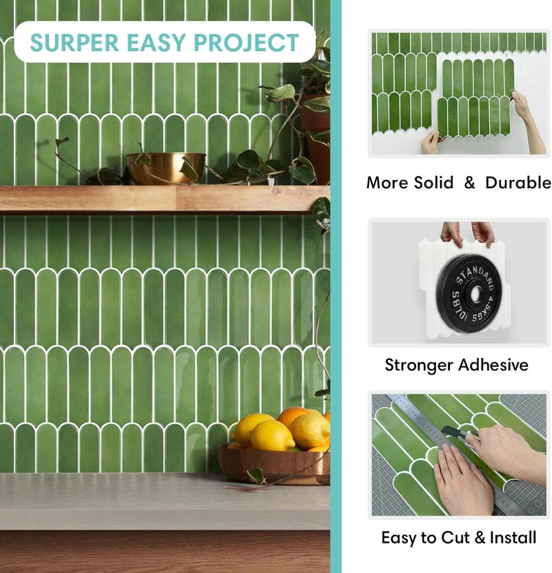 Commomy Thicker Green Peel and Stick Tile Backsplash - 10 pcs of 12" x 12" - 3D Adhesive Peel and Stick Backsplash for Kitchen, Bathroom, Removable, Waterproof, Vinyl Wall Tile - Image 5